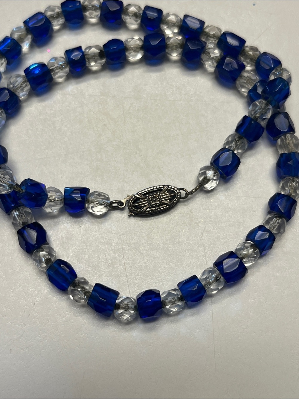 Vintage Blue and Clear Crystal Necklace on Chain with Silver Toned Clasp